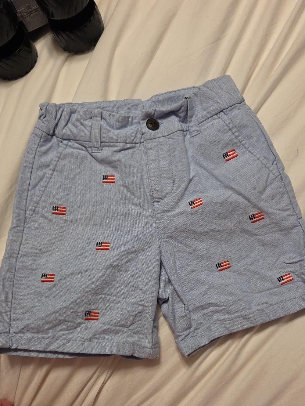 Janie and Jack Light Blue Flag-Embroidered Cotton Shorts